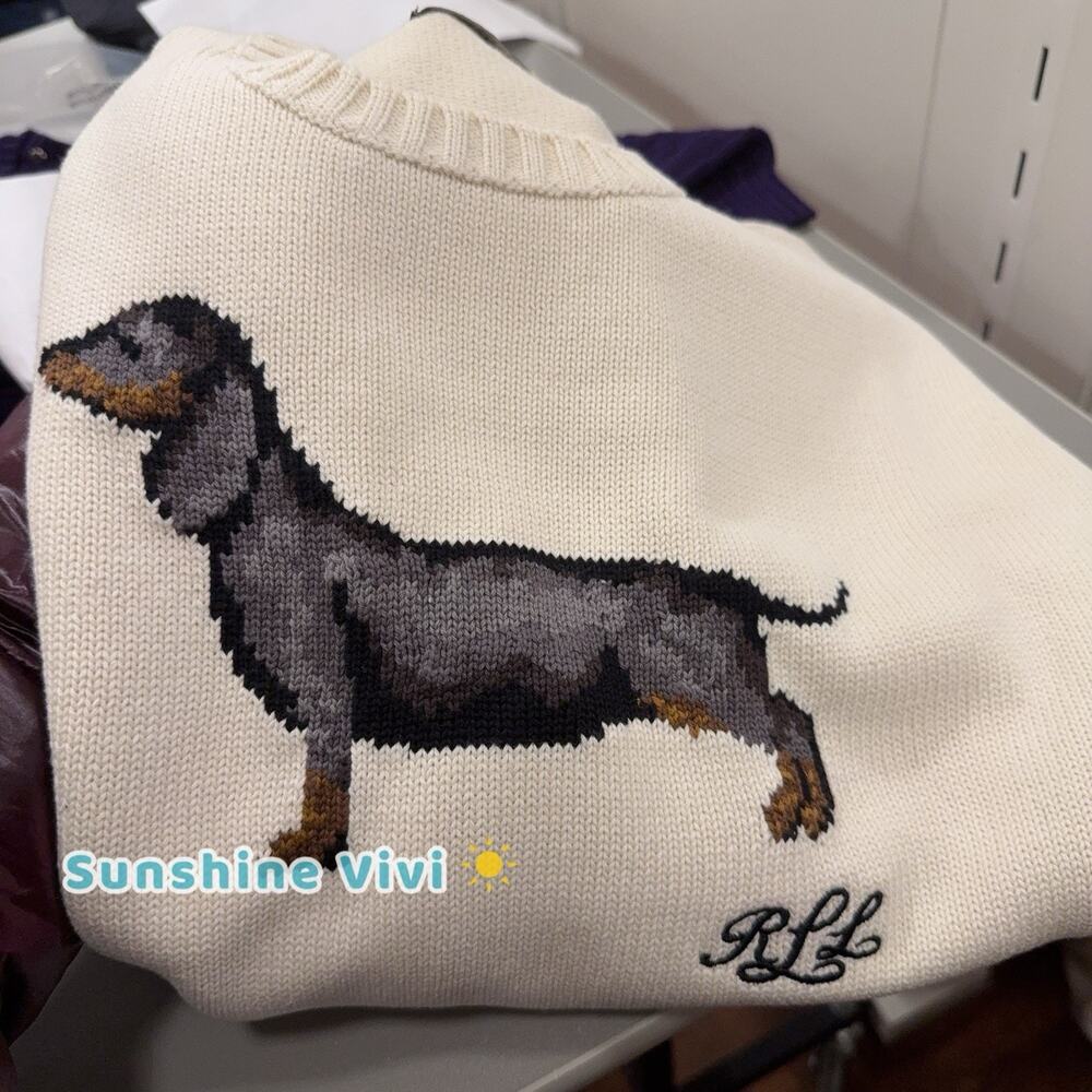 NWT Lauren Ralph Lauren Intarsia Dachshund dog Chalk Cotton Sweater XXL - Picture 7 of 11